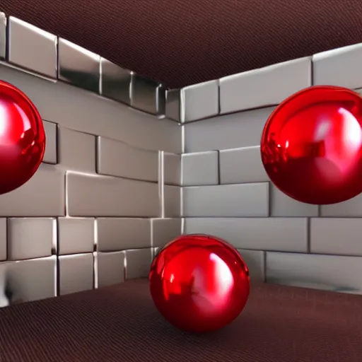 Prompt: chrome spheres on a red cube, diorama effect