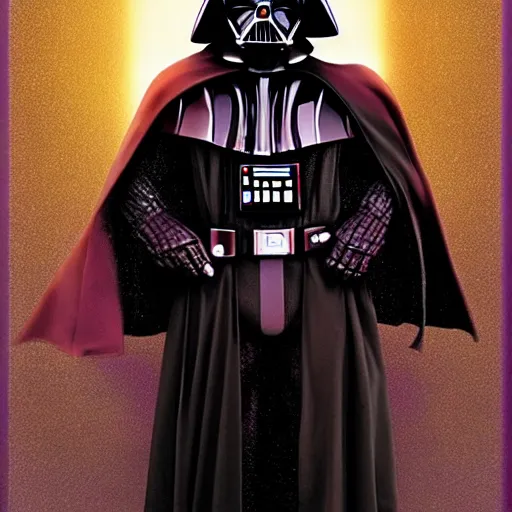 Image similar to darth vader is a pimp, wearing an oversized purple coat, gold jewlery, and a diamond tipped cane