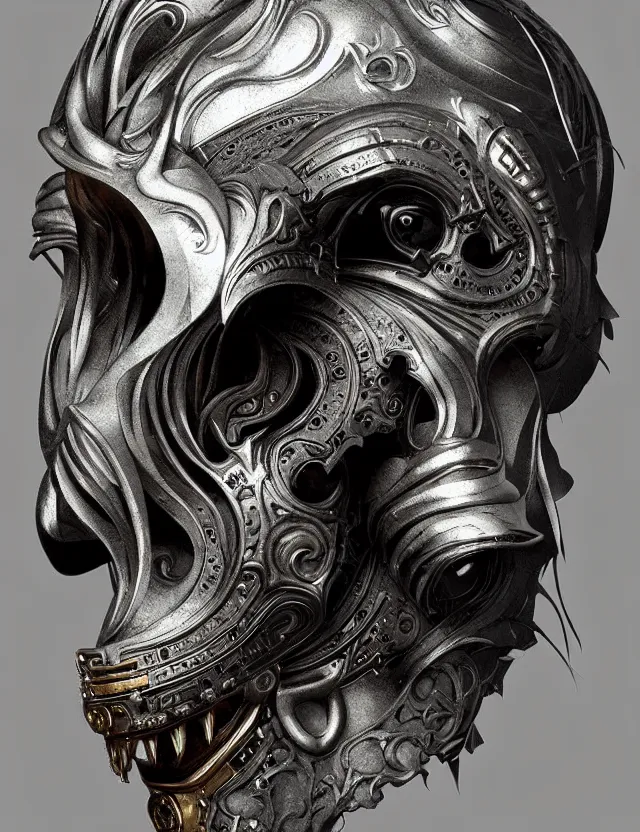 Image similar to 3 d goddess close - up profile portrait russian batman mask with ram skull. beautiful intricately detailed mask. artwork by giger and dali and beeple and greg rutkowski