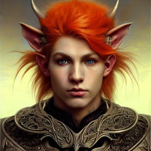 Image similar to portrait painting of an elven male teen with short light orange hair and tribal tattoos on his face wearing fur armor, ultra realistic, concept art, intricate details, eerie, highly detailed, photorealistic, octane render, 8 k, unreal engine. art by artgerm and greg rutkowski and charlie bowater and magali villeneuve and alphonse mucha