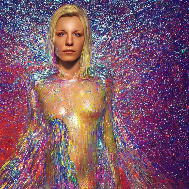 Image similar to octane render portrait by wayne barlow and carlo crivelli and glenn fabry, a woman wearing a clear plastic suit full of colorful thick fluid full of glitter, standing in front of a giant sheet of tie - dye aluminum foil, cinema 4 d, ray traced lighting, very short depth of field, bokeh