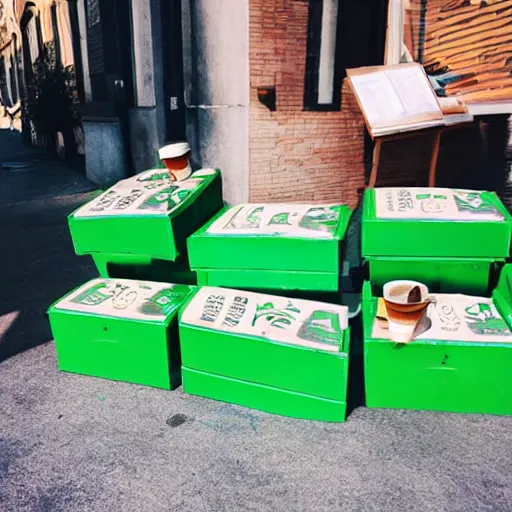 Image similar to snoofkin drinking coffee on green boxes in the street