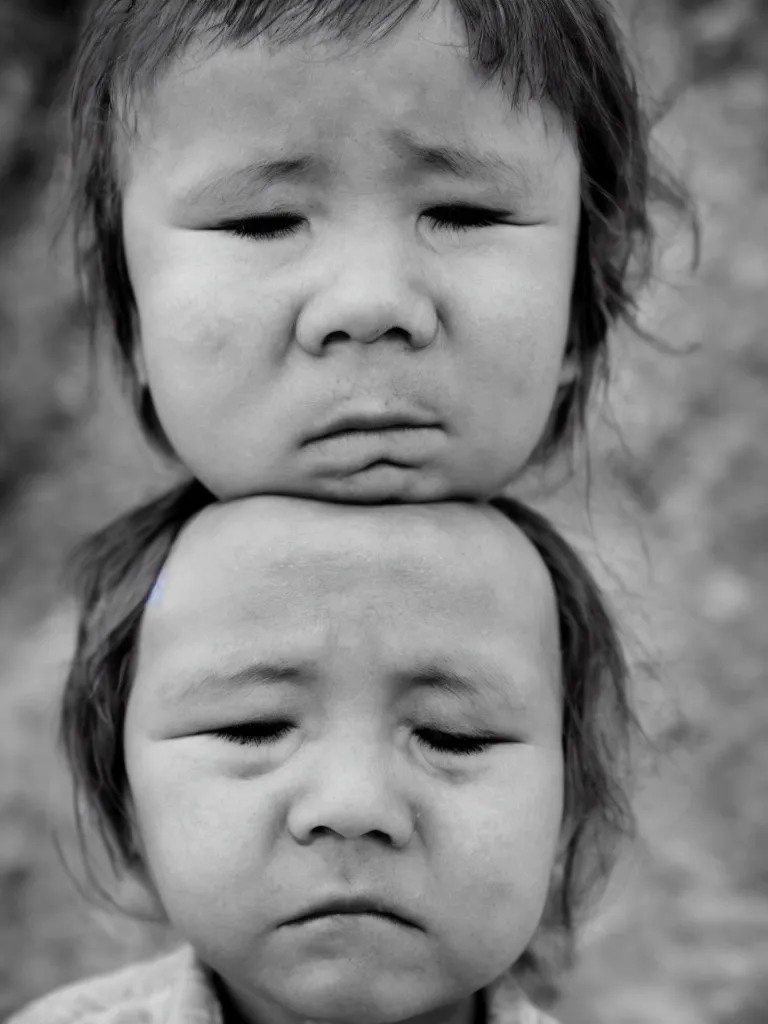 Prompt: High resolution black and white portrait with a 35 mm F/5.0 lens of a child in Soviet Russia with closed eyes and a sad face about to cry.