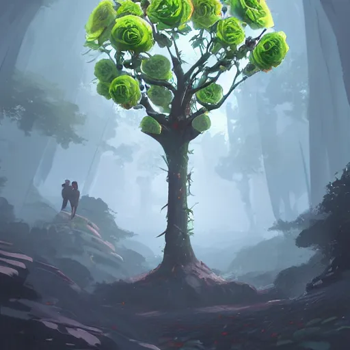 Image similar to ilustration a tree with green roses growing in the center, characterized by roman shipunov, etienne hebinger, atey ghailan, cgsociety, fantasy art, 2 d game art