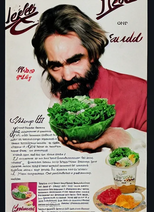 Image similar to vintage jello advertisement depicting charles manson holding a perfection salad