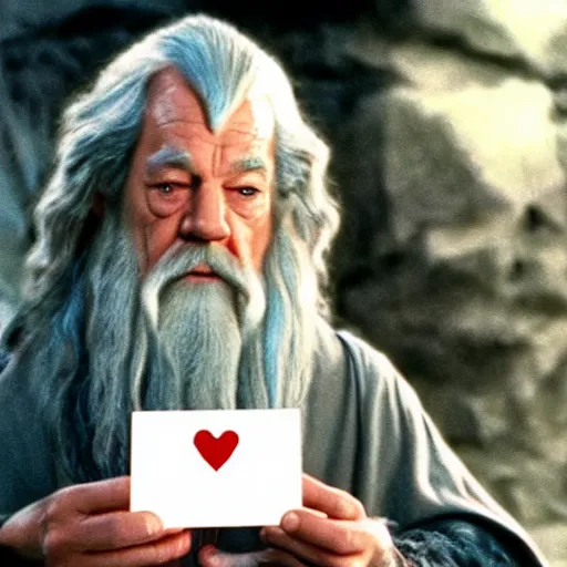 Prompt: portrait of gandalf as Hello Kitty, holding a blank playing card up to the camera, movie still from the lord of the rings