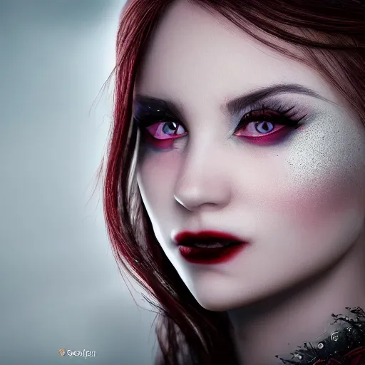 Image similar to beautiful vampire queen, eye contact ,highly detailed, 4k, HDR, smooth, sharp focus, hyper realistic, high resolution, award-winning photo