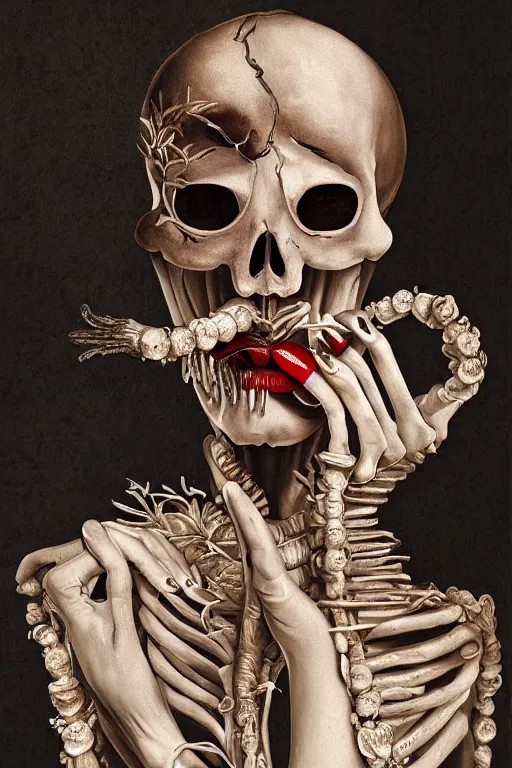 Image similar to Detailed maximalist portrait a Greek god with large lips wearing lipstick, smoking and with large white eyes, exasperated expression, skeletal with extra fleshy bits, botany, high fashion HD mixed media 3d collage, highly detailed and intricate, surreal illustration in the style of Caravaggio, dark art, baroque