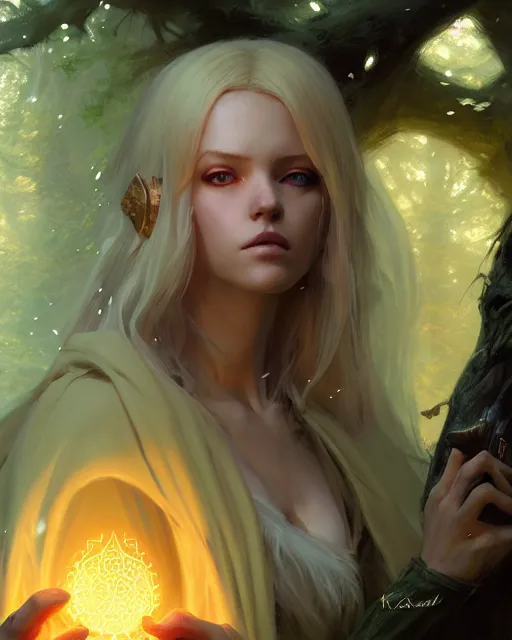 Image similar to blonde young sorceress with a heavy cloak casting a spell in the forest, fantasy character portrait, ultra realistic, concept art, intricate details, highly detailed by ilya kuvshinov, greg rutkowski, gaston bussiere, craig mullins, simon bisley