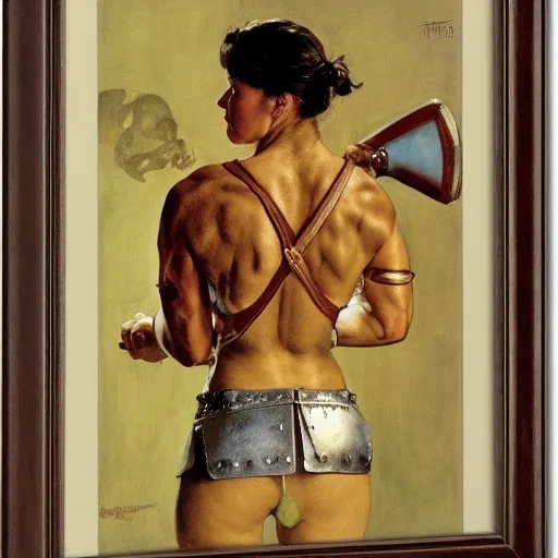 Image similar to portrait of a savage muscular barbarian female with light leather armor, by norman rockwell