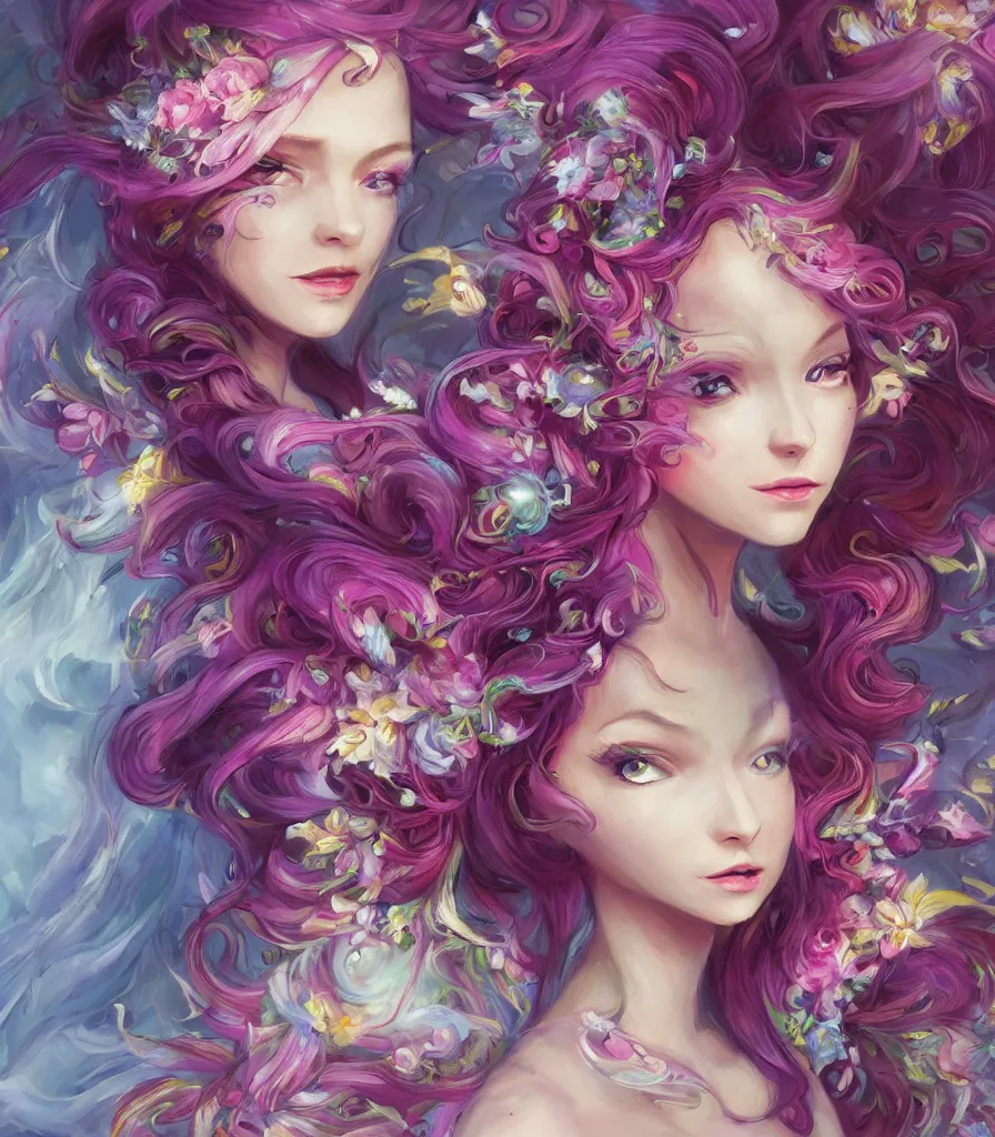 Image similar to a colorful and provenance portrait painting of the fantasy female who with floral wing, highly detailed, her hair made of hair made of air wind and curling smoke and genie, spirit fantasy concept art, art by the wings made of flowers, spirit fantasy concept art, art by aenami, alena, afshar, petros and leonid, trending on artstation.