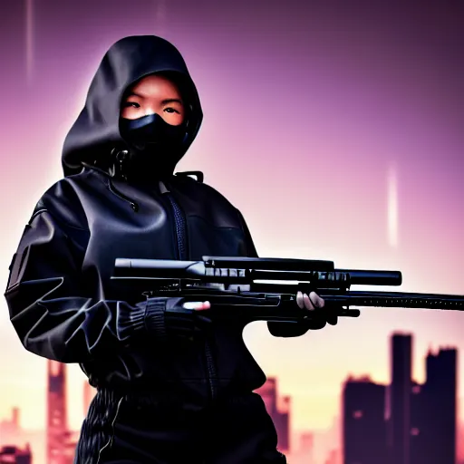 Image similar to photographic portrait of a techwear woman holding a shotgun, closeup, on the rooftop of a futuristic city at night, sigma 85mm f/1.4, 4k, depth of field, high resolution, full color, Die Hard, movies with guns, movie firearms