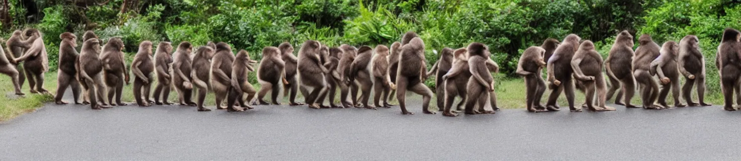 Prompt: a conga line of chunky monkeys