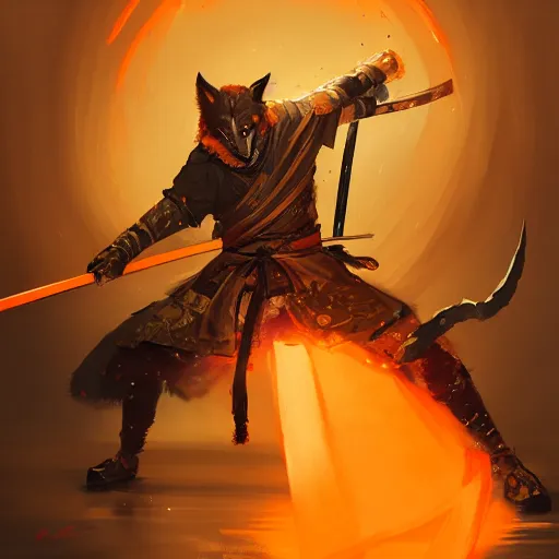 Image similar to commission portrait of a orange wolf dressed as a samurai holding a katana,dramatic,character design by charles bowater,greg rutkowski,ross tran,hyperdetailed,hyperrealistic,4k,deviantart,artstation,professional photography,concept art