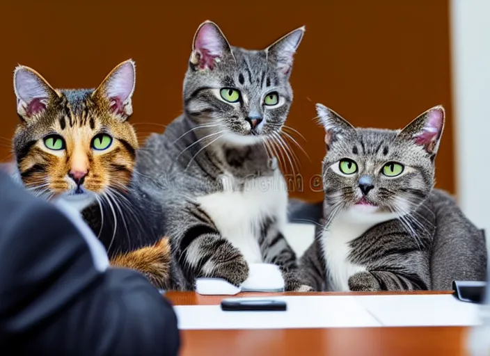 Prompt: photo of cats attending a management board meeting. Highly detailed 8k. Intricate. Sony a7r iv 55mm. Stock photo.