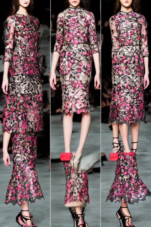 Image similar to valentino 2 0 1 3 floral, lace, geometric patterned, cybernetic fashion, dress, skirt & blouse