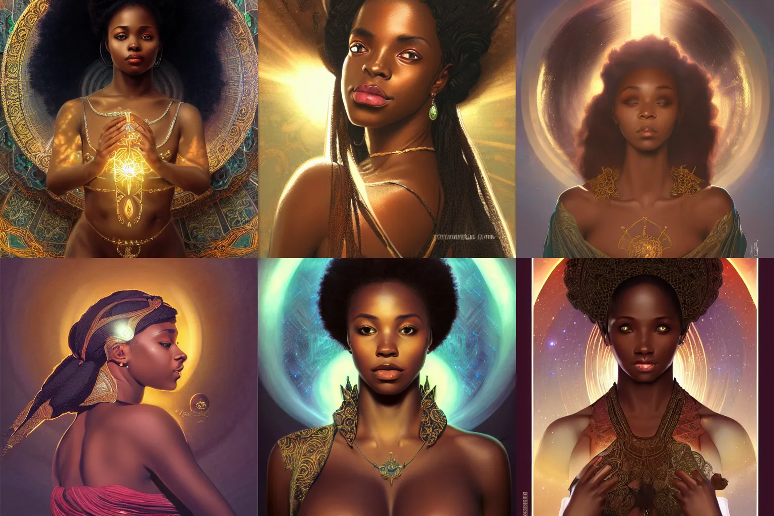 Prompt: experienced black african princess, warm volumetric lighting, cosmic, symmetric, highly detailed, elegant, concept art, heavenly, god rays, intricate, sharp focus, illustration, alexandros pyromallis, bouguereau, rutkowski, artgerm, alphonse mucha