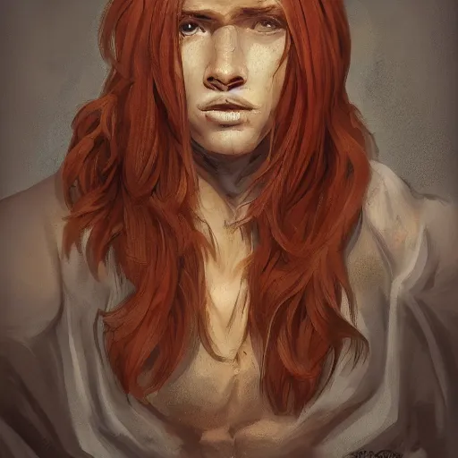 Image similar to portrait of a teen boy with long red hair and a lot of freckles and muscular, intricate, highly detailed, digital painting, artstation, sharp focus, illustration