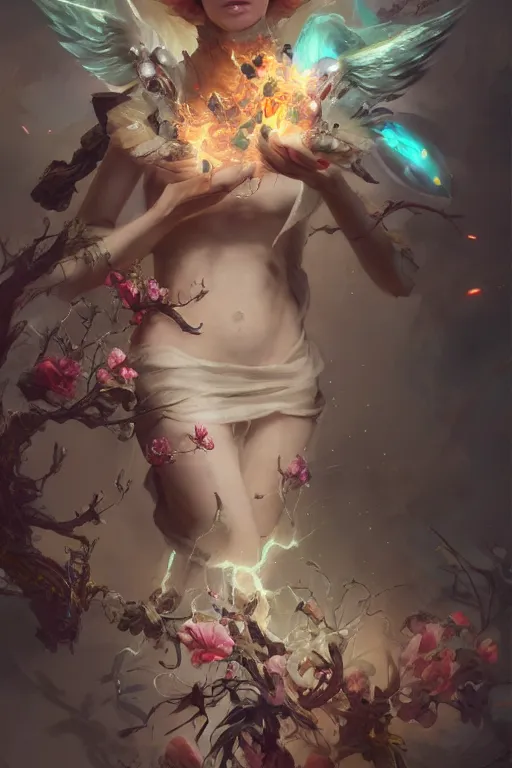 Image similar to beautiful girl necromancer, witch - doctor exploding into flowers, angels, 3 d render, hyper - realistic detailed portrait, holding electricity and birds, ruan jia, wlop. scifi, fantasy, hyper detailed, octane render, concept art, peter mohrbacher