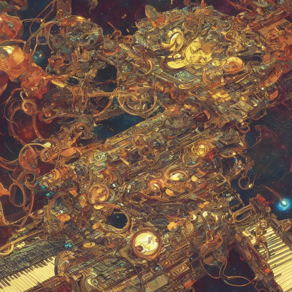 Prompt: intricate detailed vibrant painting of a cat on a synthesizer in space by Tyler Edlin, Artgerm and Greg Rutkowski and Alphonse Mucha and miro manara, atmospheric lighting, dynamic lighting, cgsociety, hyper detailed, octane render