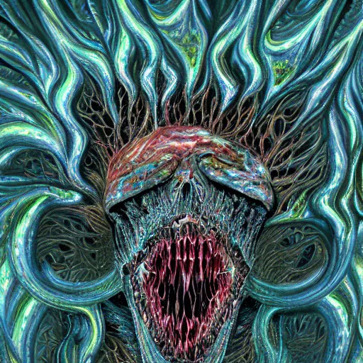 Prompt: Hyper detailed painting of an inhuman horrid fractal abomination covered in endless teeth as it devoures souls.