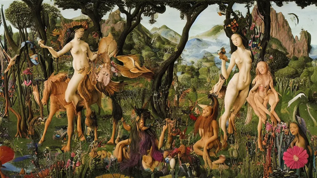 Image similar to a photograph of a meditating centaur shaman and a harpy mermaid feeding animals. surrounded by bulbous flowers, a few trees and wild animals. river delta with mountains under a blue sky full of burning stars and birds. painted by jan van eyck, max ernst, ernst haeckel, ernst fuchs and artgerm. trending on artstation
