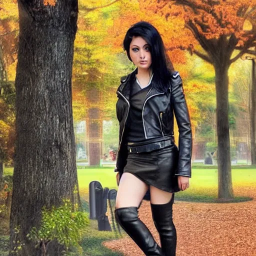 Image similar to woman with black hair and a leather jacket in a beautiful park, art by artgerm