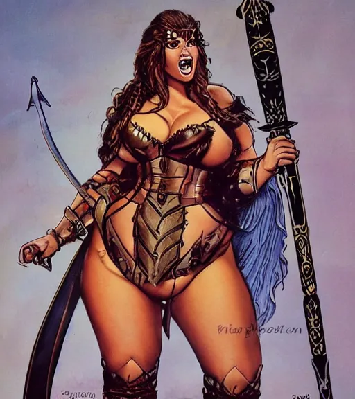 Image similar to 1 9 8 0 s fantasy novel book cover, bbw plus size amazonian sofia vergara in extremely tight bikini armor wielding a cartoonishly large sword, exaggerated body features, dark and smoky background, low quality print