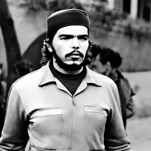 Image similar to Che Guevara in a tracksuit standing, paparazzi candid photo