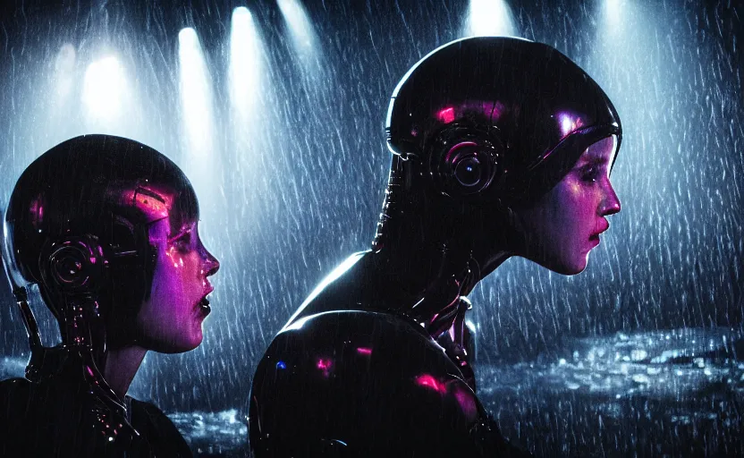 Image similar to cinestill 5 0 d candid photographic portrait by ridley scott of two loving female androids sobbing wearing rugged black mesh techwear in treacherous waters, flooded city, medium closeup, retrofuturism cyberpunk moody emotional cinematic, pouring iridescent rain bright spotlight helicopter, 8 k, hd, high resolution, 3 5 mm, f / 3 2, ultra realistic faces, ex machina