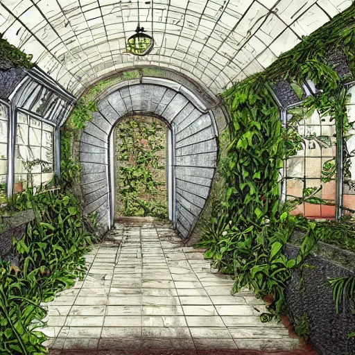 Image similar to old botanist, god rays, underground tunnel, future, open room, greenery, the ghost in the machine