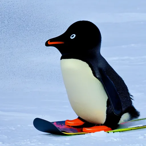 Image similar to ultrawide angle photograph of a snowboarding penguin wearing a helmet and snow goggles. the snowboard is made by burton. extremely detailed hyperrealistic photo, 8 k