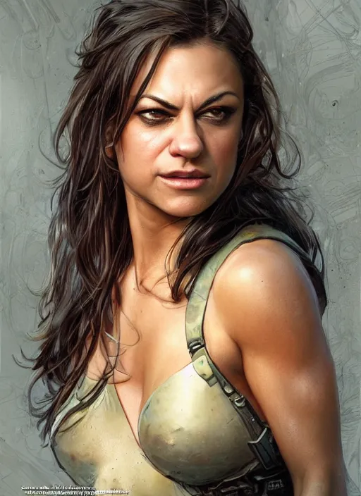 Image similar to muscled Mila Kunis grinning as a ruggedly handsome heroine, intricate, elegant, highly detailed, centered, artstation, concept art, smooth, sharp focus, illustration, bokeh art by artgerm and donato giancola and Joseph Christian Leyendecker, WLOP