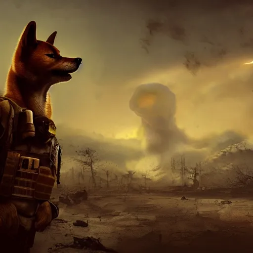 Image similar to postapocalyptic nuclear explosion cinematic background, still portrait of anthropomorphic nafo shiba inu wearing military tactical gear , 4k trending on artstation