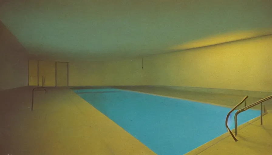 Prompt: 1 9 6 0 s movie still of an empty light yellow tiles swimmingpool, low quality, liminal space style