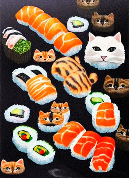 Image similar to clear photorealistic picture of adorable cats made out of sushi