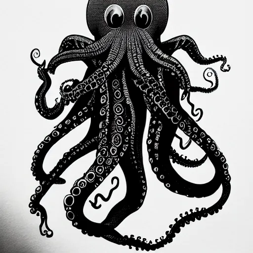 Image similar to black ink on paper, alien octopus, trending on artstation, beautiful, intricate, detailed