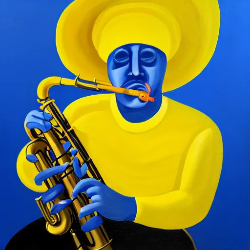 Prompt: man in a yellow costume, yellow hat, holding a saxophone, smoking a cigarette, blue skin, blue smoke, black background, sitting, painting, artwork, meditative