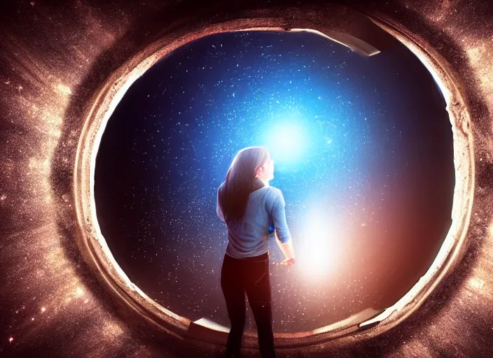 Image similar to a realistic photo of a person looking through a portal, the person is seeing the origin of the universe photorealistic highly detailed professional photography cinematic dynamic lighting