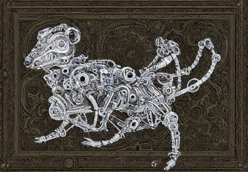 Prompt: spacious highly detailed ornate filigreed convoluted ornamented elaborate cybernetic small rat standing in a white void, chrome and glass, full body, character design