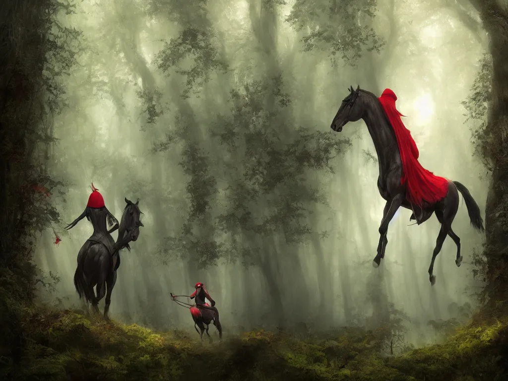 Image similar to a female beauty wearing a red cap rides through a dense green oak and beech forrest on a strong black horse, rays of life, cinematic, fantasy art, moody evening light, foggy, cryengine, trending on artstation, by esao andrews, by cynthia sheppard, by naoto hatori, by tyler jacobson