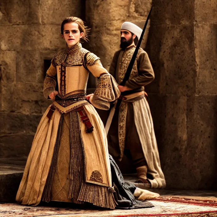 Prompt: full length photo of emma watson as an ottoman warrior, highly detailed, 4 k, hdr, smooth, sharp focus, high resolution, award - winning photo