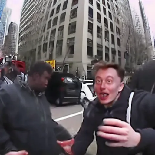 Image similar to bodycam footage of a homeless elon musk going crazy and scamming people, new york streets, wide angle, fisheye, uhd, 4 8 0 p, bodycam, paparazzi, bad quality, pov