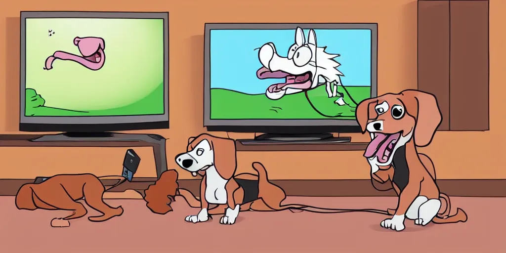 Prompt: cartoon dog biting the electical power cord behind a television