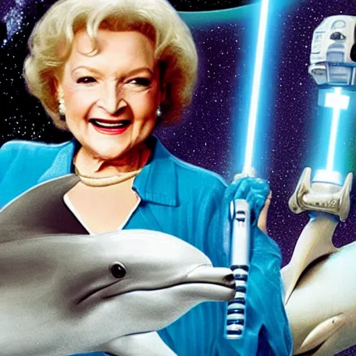 Prompt: betty white straddling a dolphin in space, wielding dual lightsabers