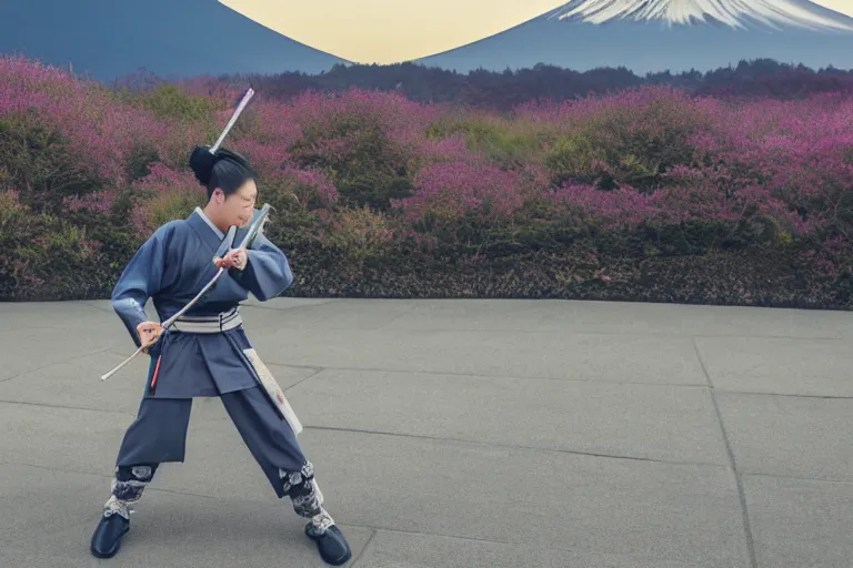 Prompt: beautiful photo of a young modern geisha samurai warrior, mt fuji in the background, mid action swing, shining silver katana sword, award winning photo, muted pastels, action photography, 1 / 1 2 5 shutter speed, dramatic lighting