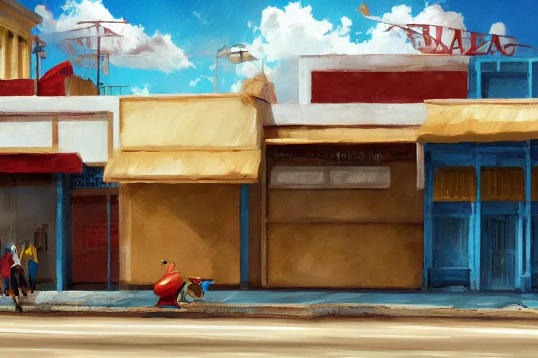 Prompt: concept art, painting of cuban bakery, empty, no food, digital anime art, good lighting,