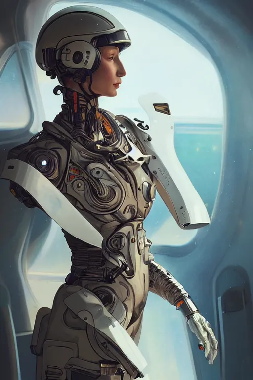 Image similar to portrait futuristic beautiful South Europe Airforce armored pilot Girl, at inside of future fighter aircraft, ssci-fi, fantasy, intricate, very very beautiful, elegant, human anatomy, neon light, highly detailed, digital painting, artstation, concept art, soft light, smooth, sharp focus, illustration, art by tian zi and WLOP and alphonse mucha