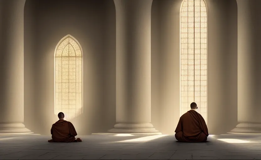 Prompt: distant monk wearing a white garment sitting inside a peaceful marble temple while being illuminated by a great ray of light, blissful, detailed, photorealism, digital oil painting, 4k