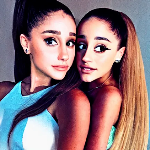 Prompt: Selfie photograph of Ariana Grande and Ariana Grande, golden hour, 8k,